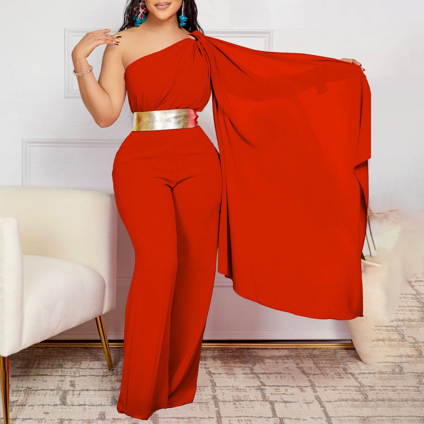 Dame elegant jumpsuit med asymmetrisk snit og glamorøs talje bælte Stilla