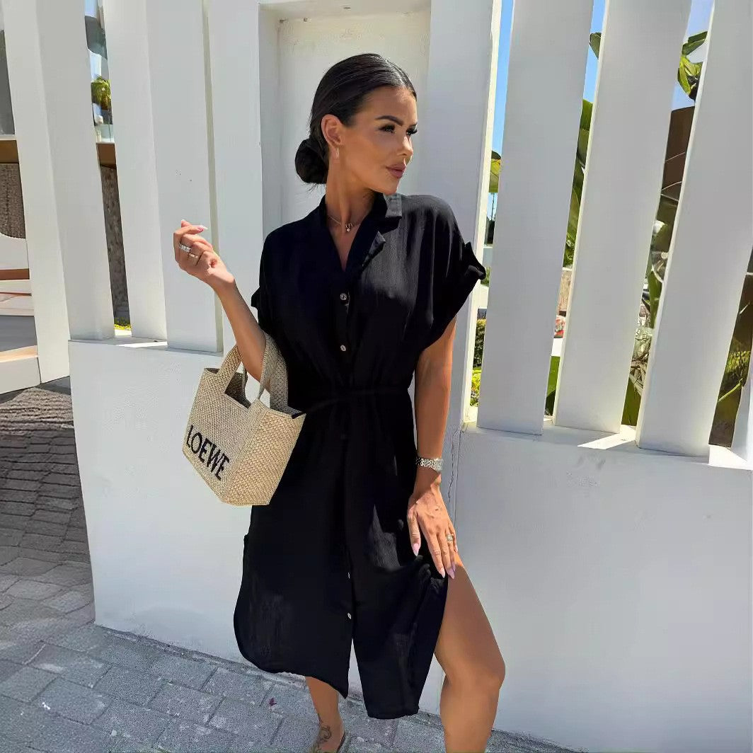 Dame Afslappet Knappeskjorte Kjole med Bindebælte Stilla