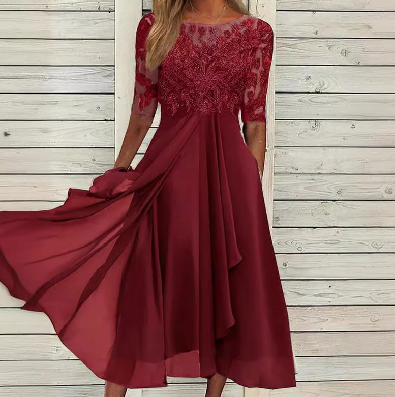 Dame Elegant Chiffon Aftenkjole med detaljeret Blondebroderi Stilla
