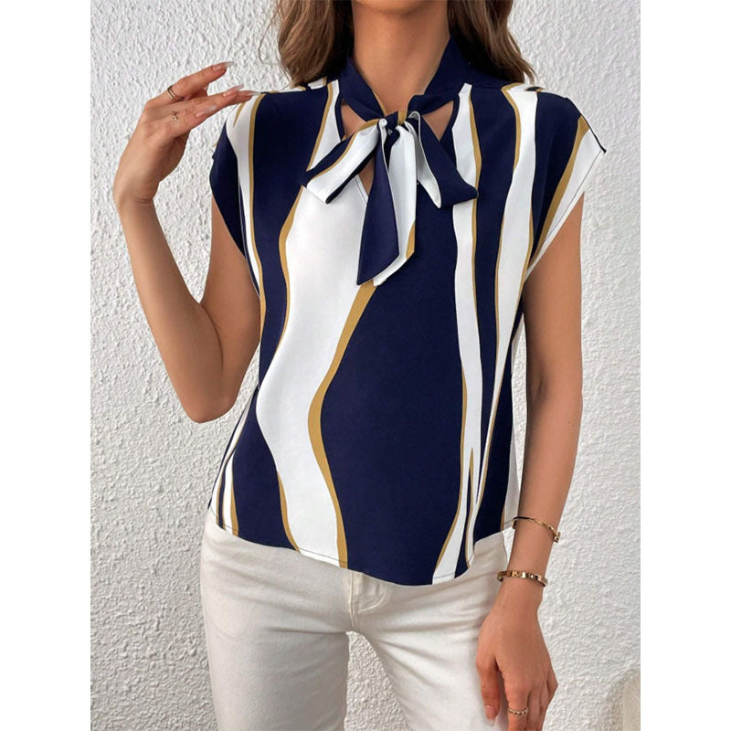 Dame elegant blusenshirt med mode sløjfekrave og grafisk mønster Stilla