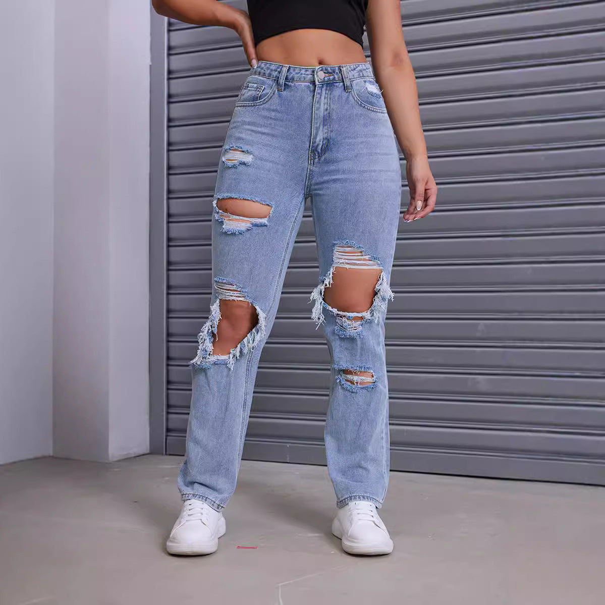 Dame Destroyed Jeans med moderne høj talje snit og iøjnefaldende revnedetaljer Stilla