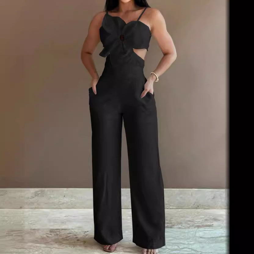 Dame jumpsuit med floral cut-out og brede ben Stilla