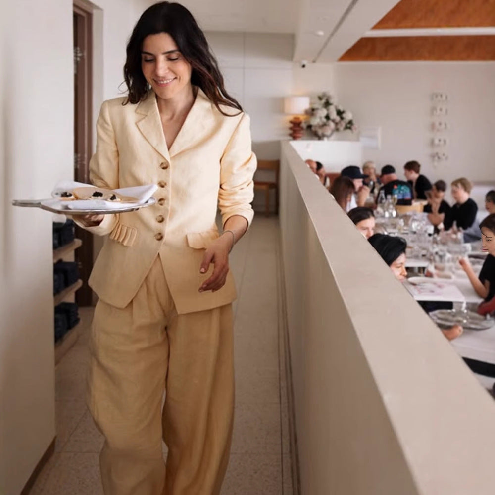 Dame elegant buksedragt sæt med figursyet jakke og bredt skåret bukser Stilla