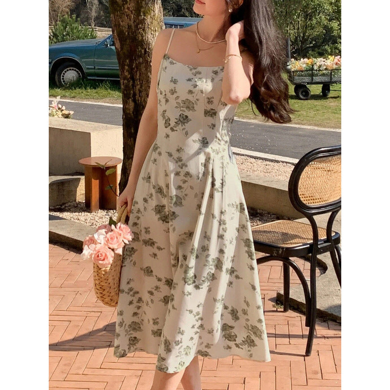 Dame A-linje Blomster Skjorte Midi Kjole med justerbare stropper Stilla