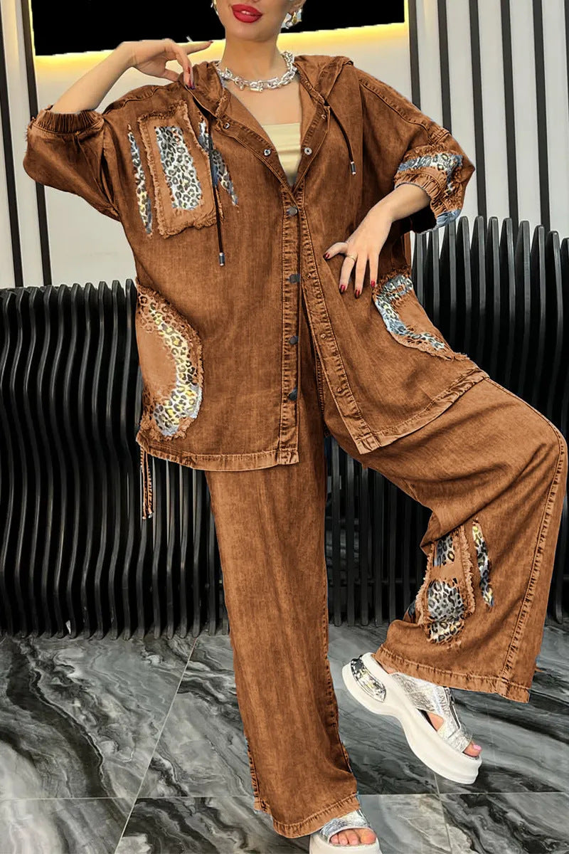 Dame afslappet denim sæt med hætte og dyreagtige accenter Stilla