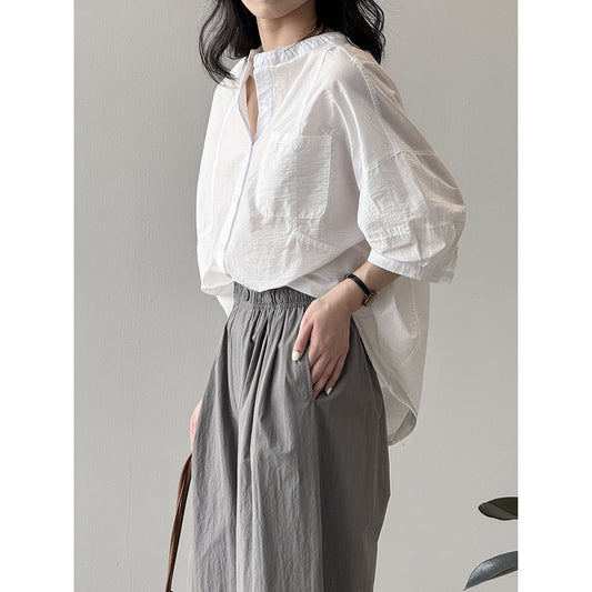 Dame afslappet langærmet blouse med knapbar udskæring og brystlomme Stilla