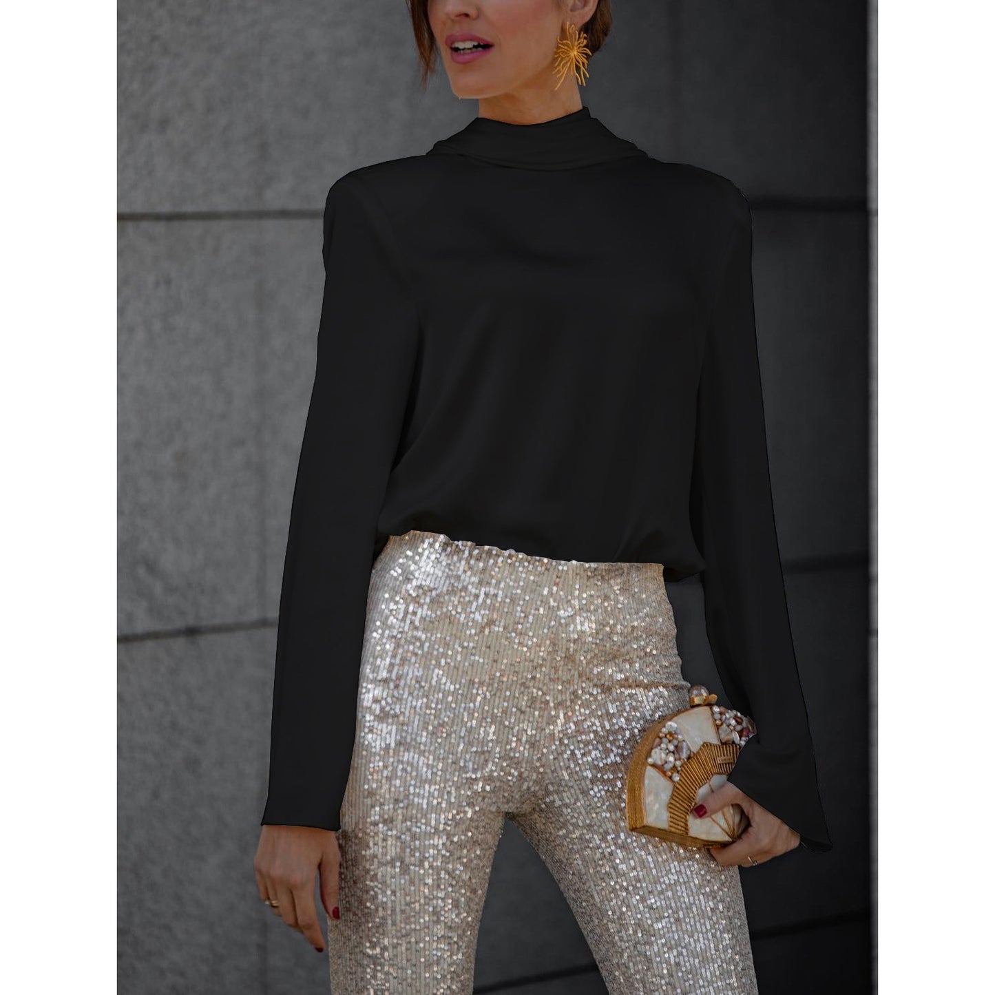 Dame Elegant Bluse med høj krave og brede ærmer Stiila