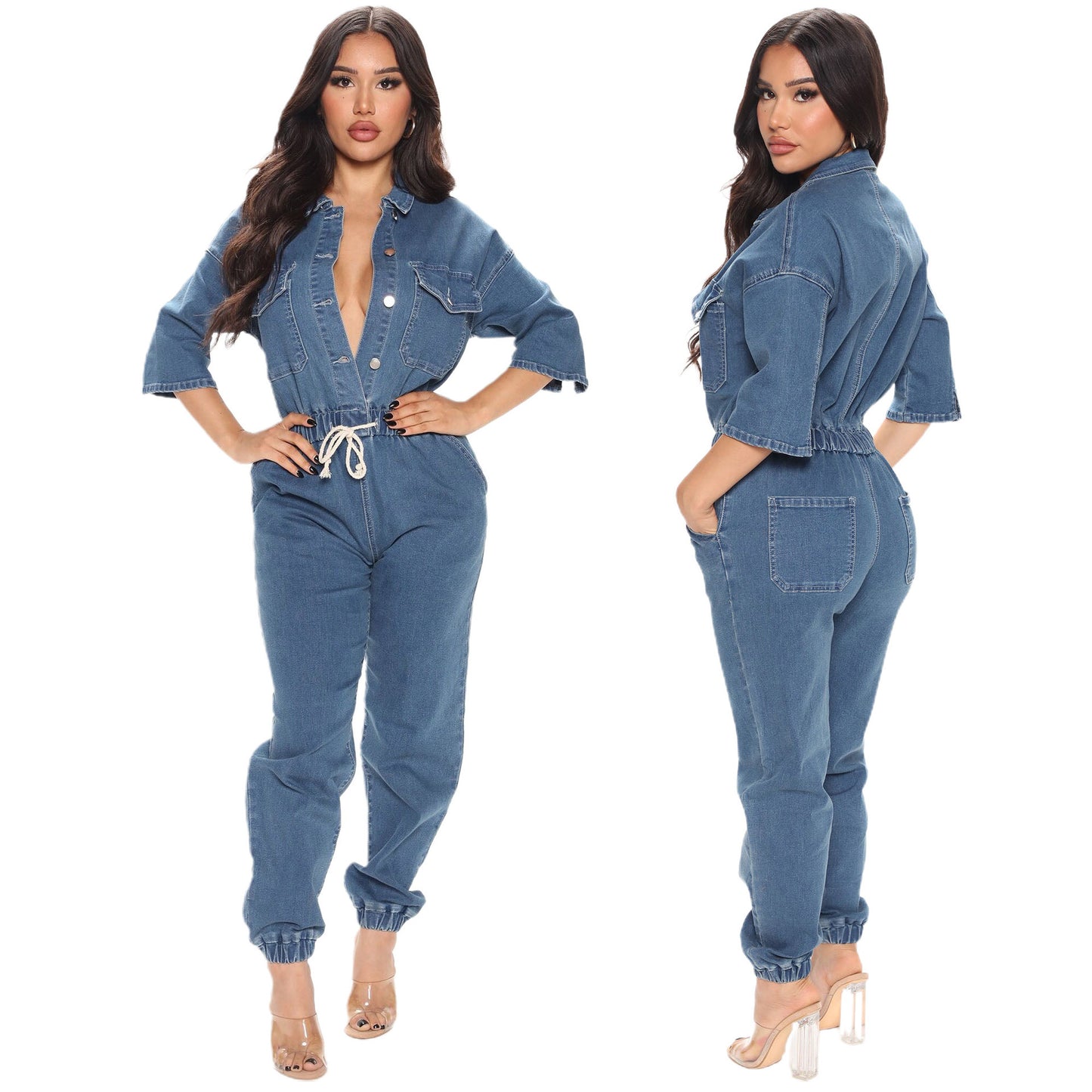 Dame Denim Jumpsuit med talje og knapdetaljer Stilla