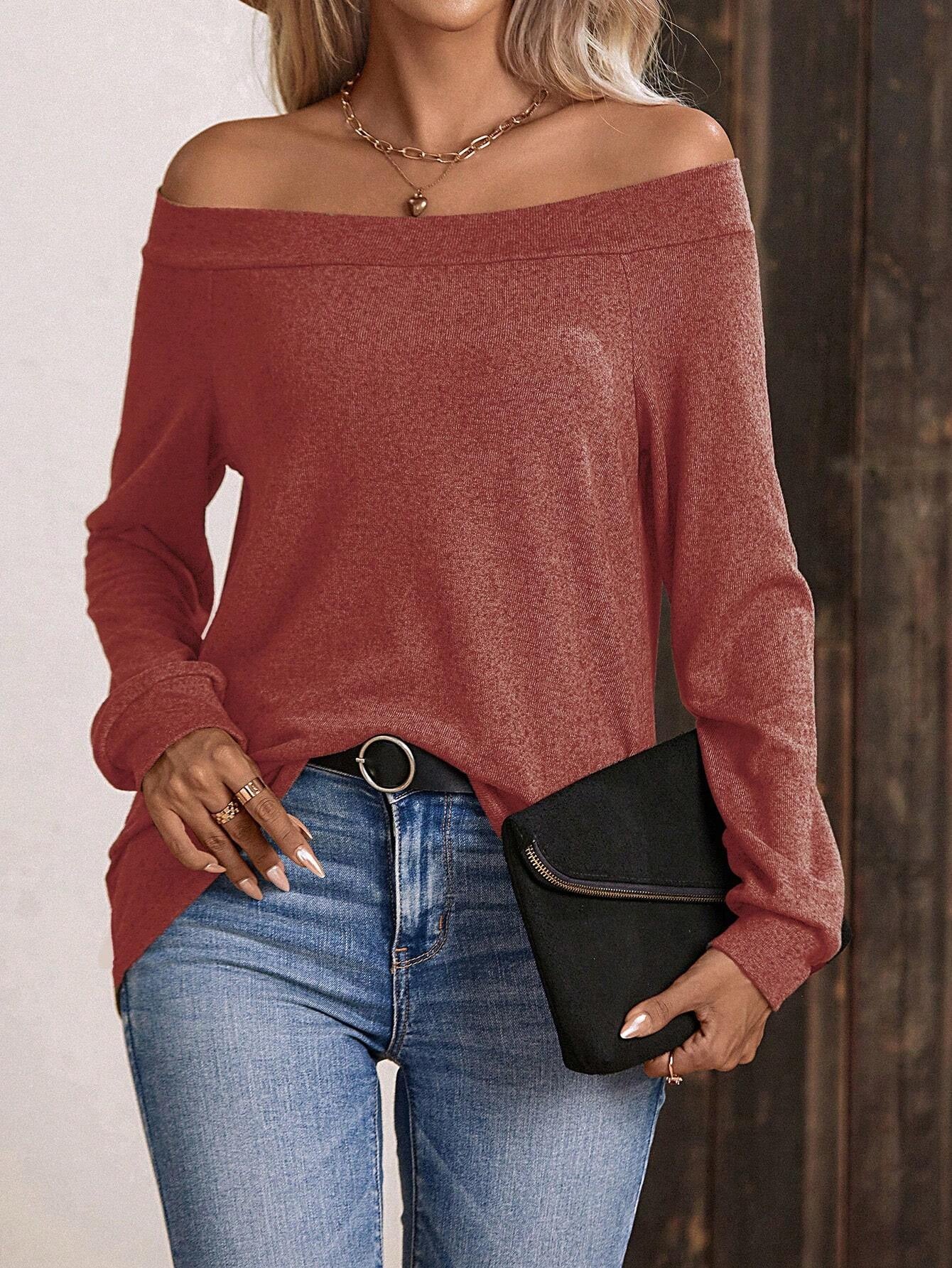 Dame afslappet Off-Shoulder Langærmet shirt med asymmetrisk kant og fin Jersey-stof Stilla