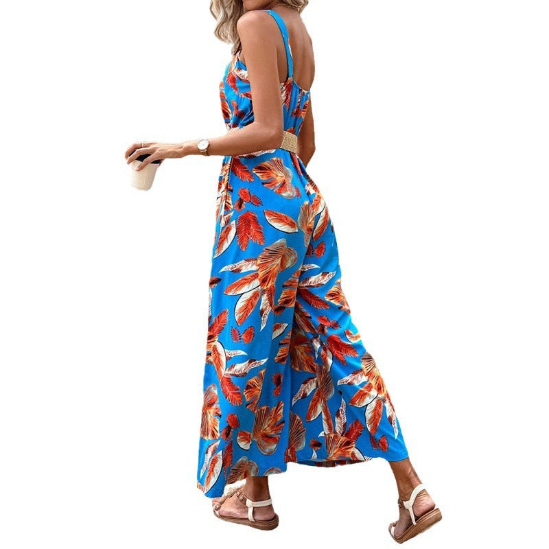 Femme Floral Print Jumpsuit med justerbare stropper og bælte Stilla