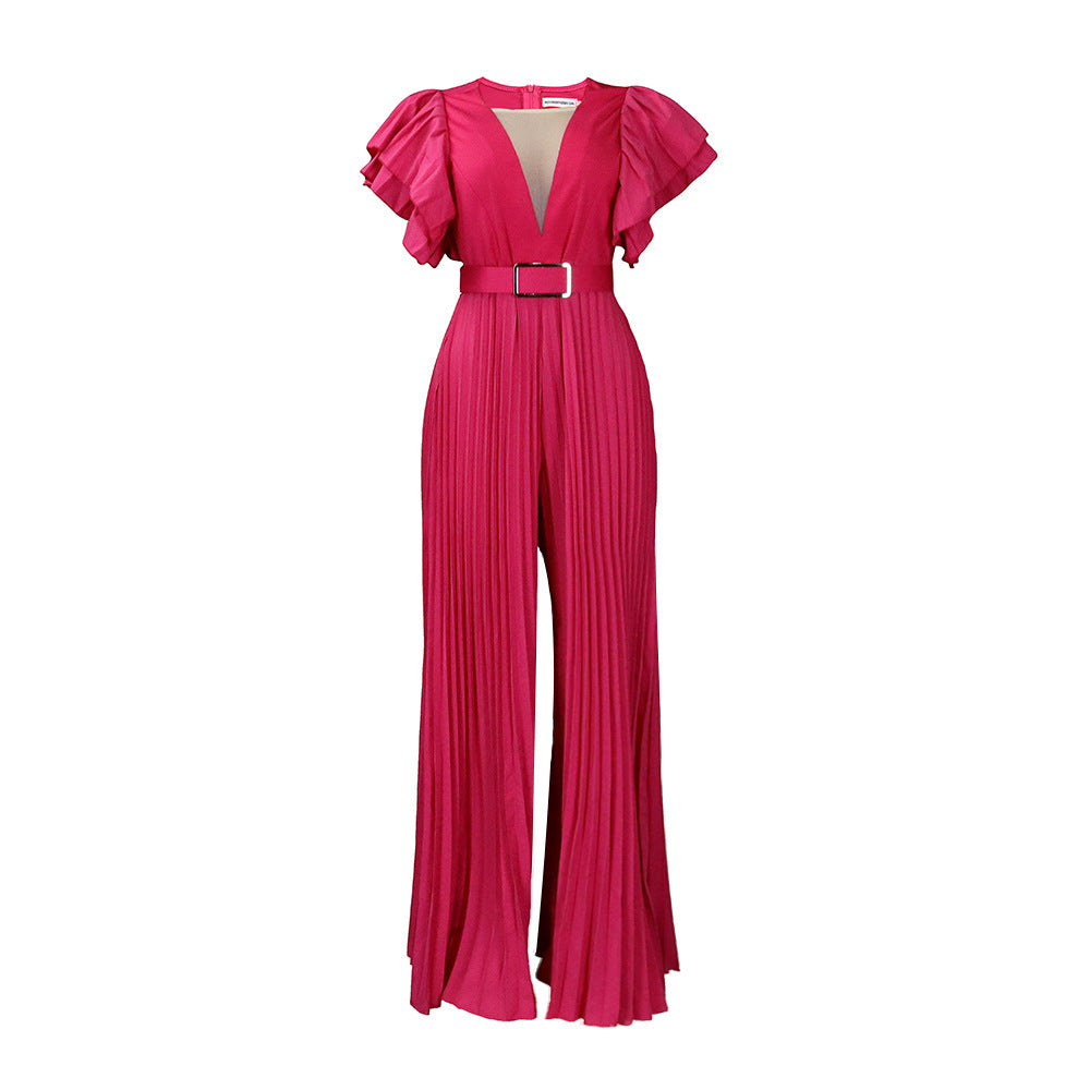 Dame Plisseret Jumpsuit med voluminøse Rynkede ærmer og taljeret Silhuet Stilla