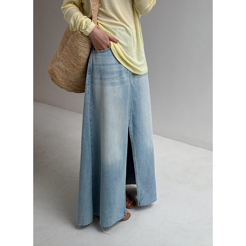 Dame Denim Maxikjole med moderne slidsdesign og klassisk snit Stilla