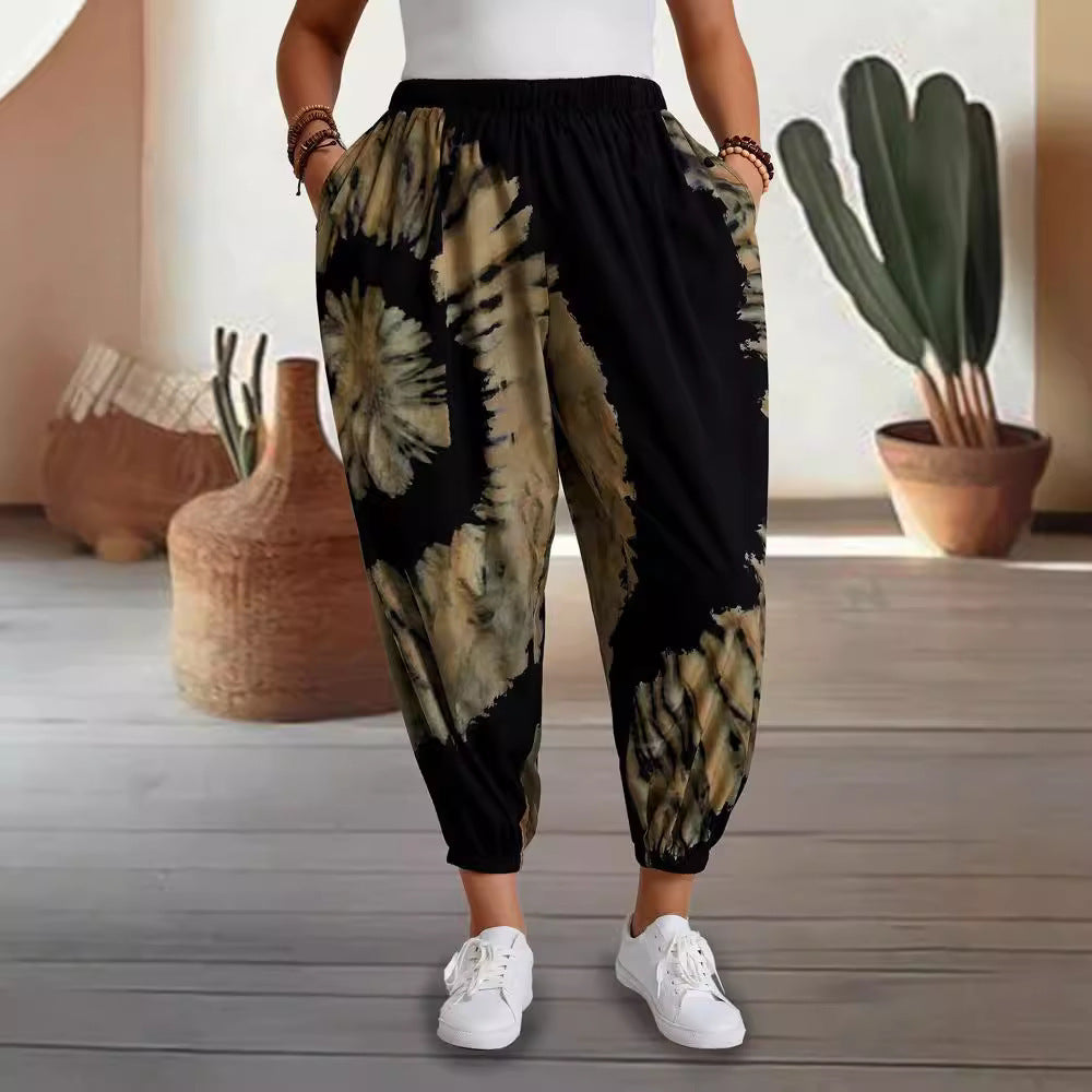 Dame afslappede tapered bukser med elastisk talje og moderne batikdesign Stilla