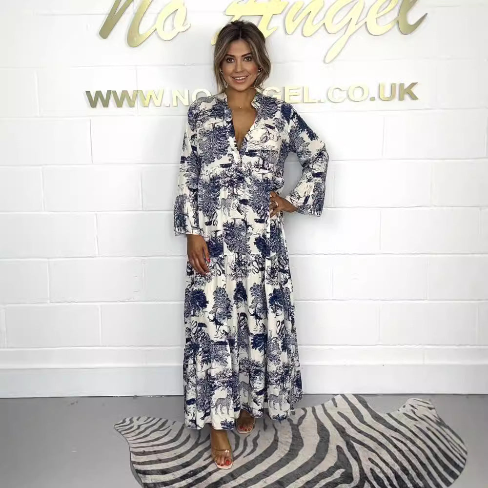 Dame afslappet maxikjole med dekorativt print og lange ærmer Stilla