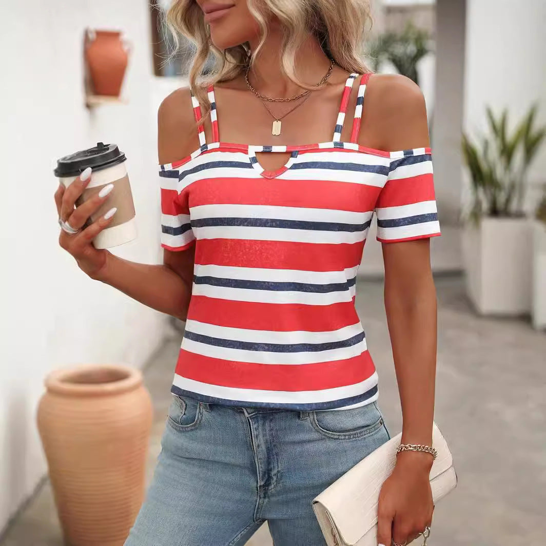 Dame afslappet kortærmet skjorte med skulderfri udseende og stribet design Stilla