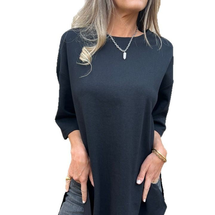 Dame afslappet lang skjorte med side slids og halve ærmer Stilla