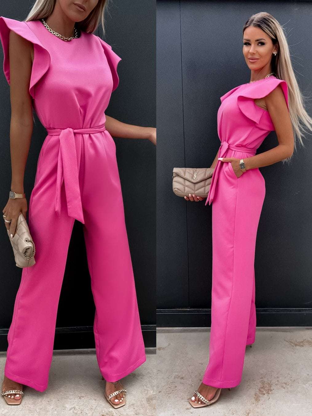 Dame elegant jumpsuit med volantærmer og taljebælte Stilla