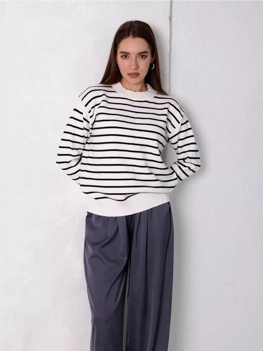 Dame afslappet stribepullover med bred pasform og højhalset rundhalsudskæring Stilla