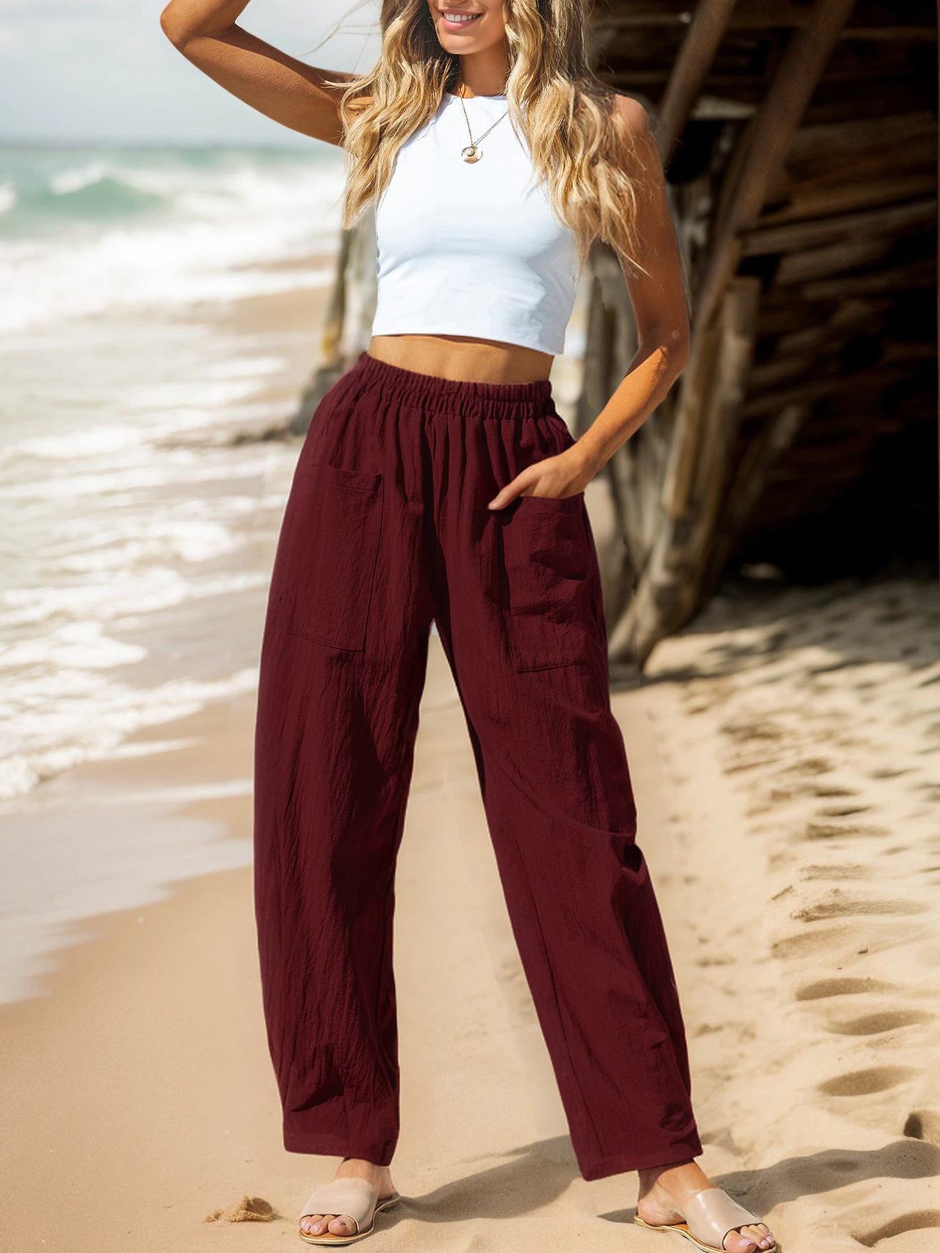 Dame afslappede, løse strandbukser med elastisk taljebånd og praktiske lommer Stiila