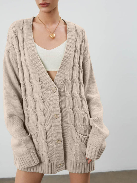 Dame Grovstrik cardigan med hjerteformede knapper og sidelommer Stilla