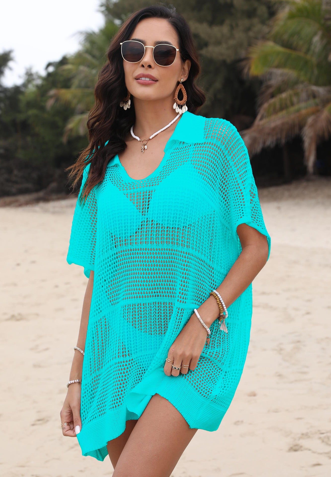 Dame afslappet net strandtunika med åbne ærmer og smart snit Stilla