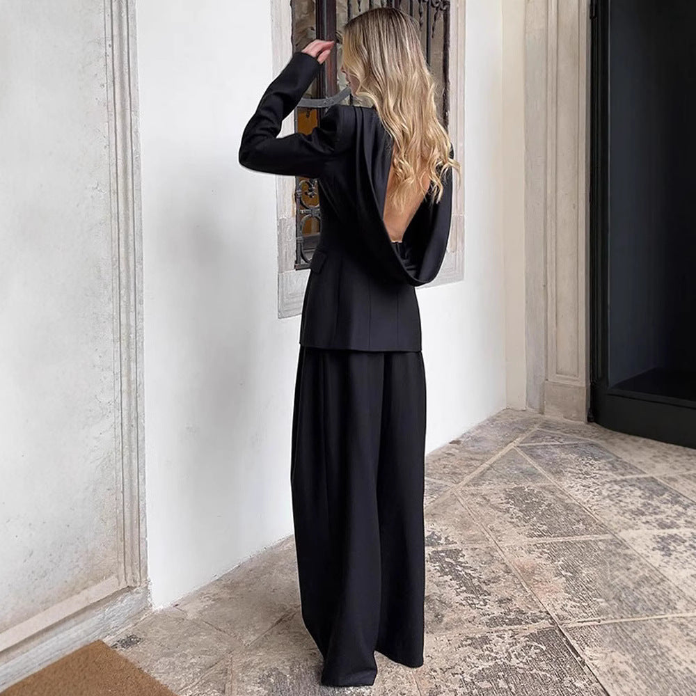 Dame elegant jakkesæt med figursyet blazer og vide bukser Stilla