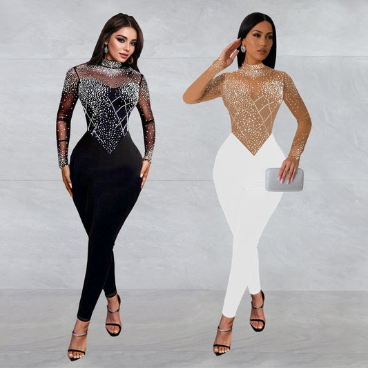 Dame Glamourøs Bodycon Jumpsuit med gennemsigtigt mesh og glitrende strass dekorationer Stilla