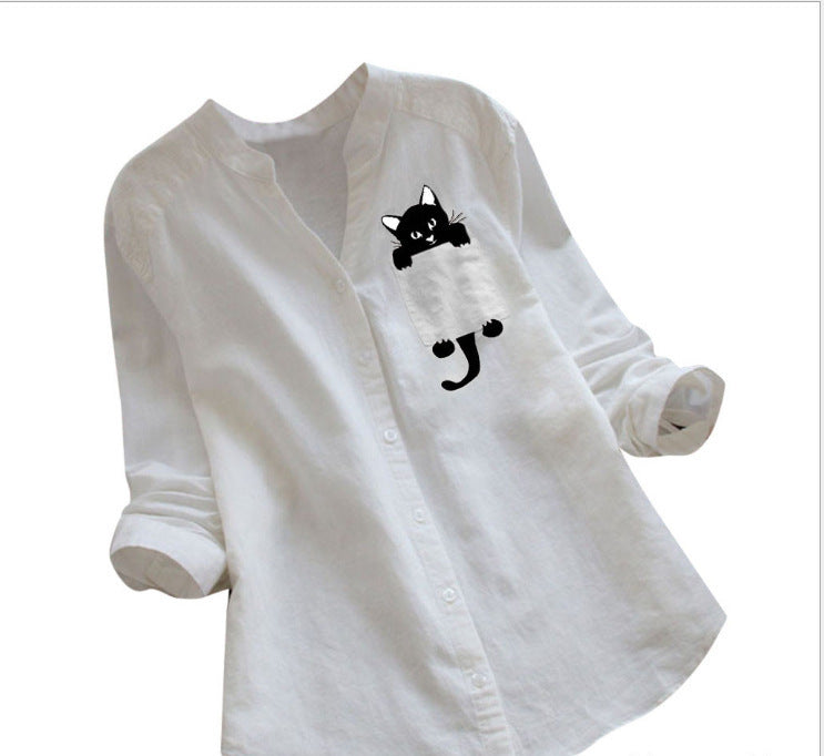 Dame afslappet skjorte med kattemotiv Stilla