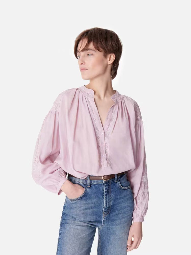 Dame afslappet bluse med fint V-udskæring og voluminøse ærmer Stilla