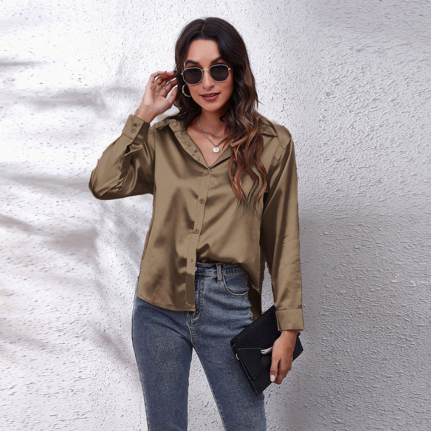 Dame Satin Bluse med Knote Lukning Stilla