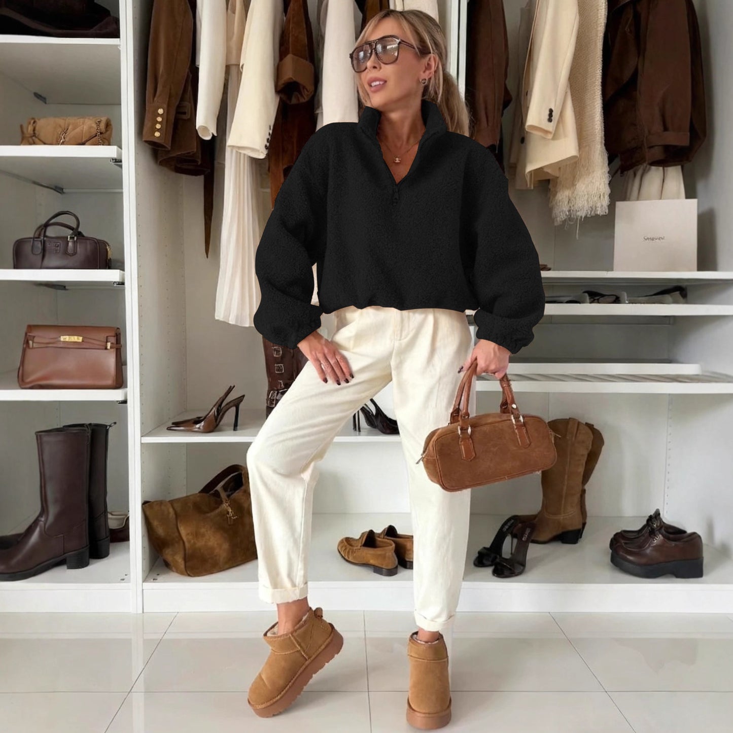 Dame afslappet fleece-trøje med høj krave Stilla