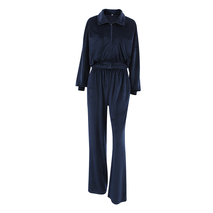 Dame behagelig Velvet-jumpsuit med højt lukket krave og elastisk talje Stilla