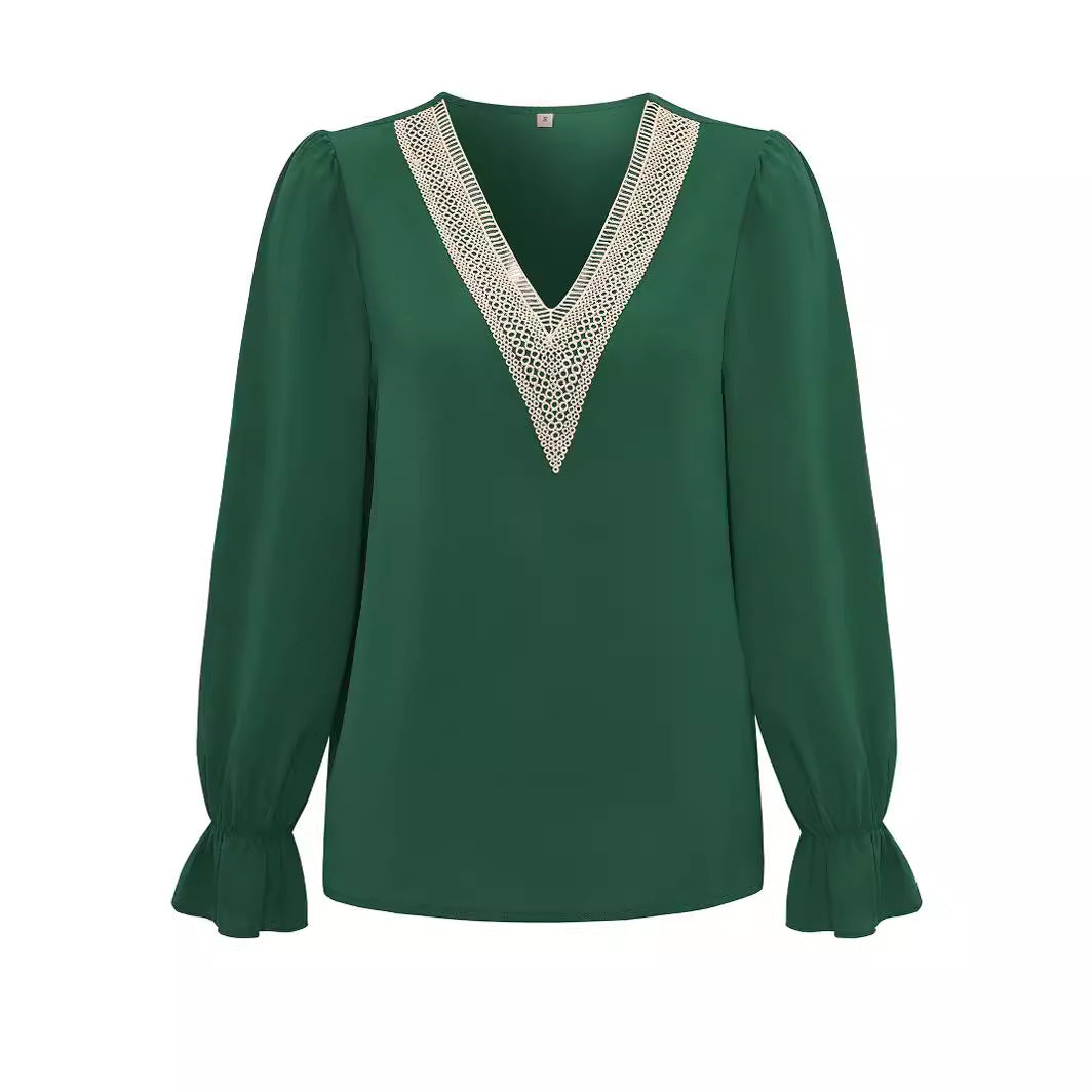 Dame elegant bluse med spidselementer og V-udskæring Stilla