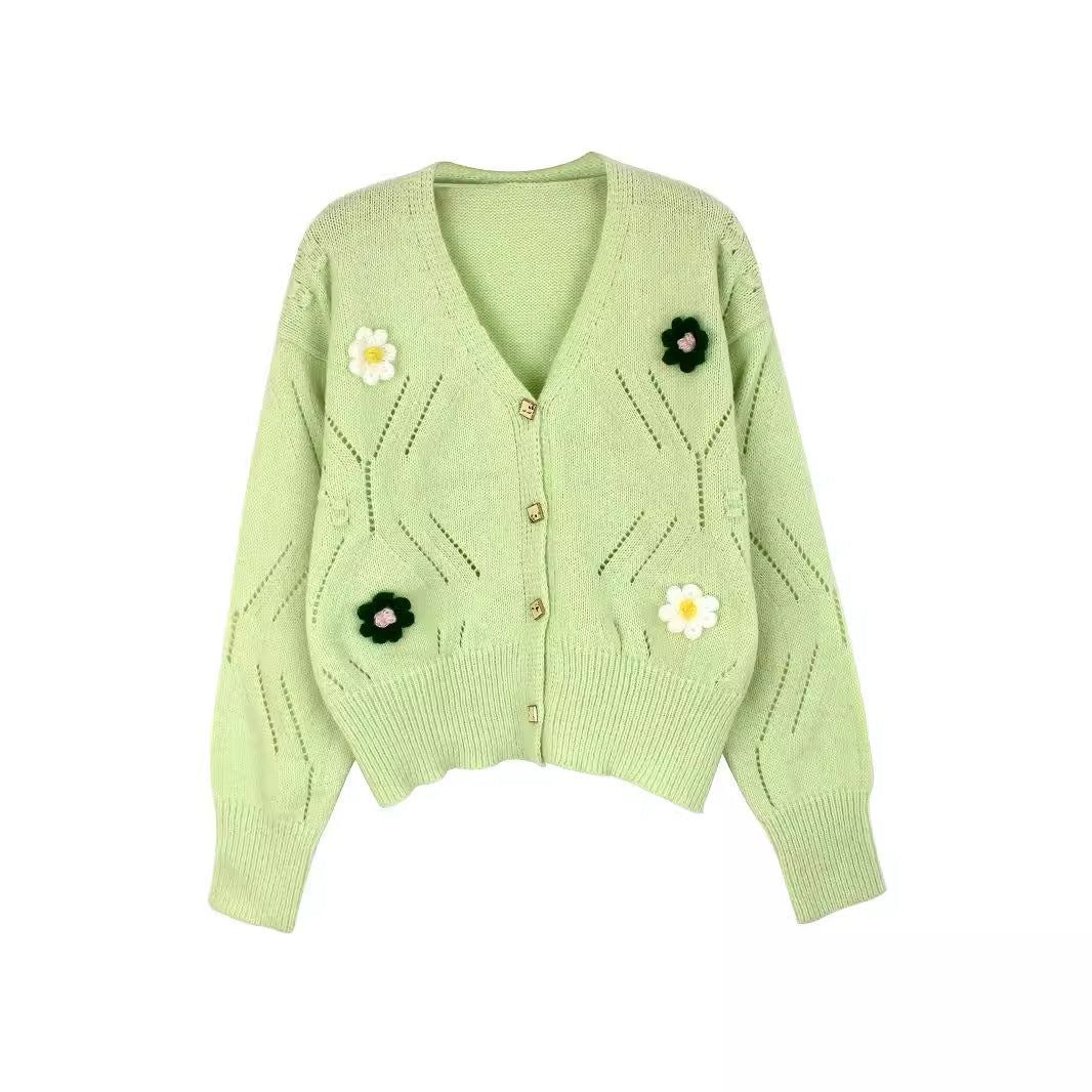 Dame trendy strik cardigan med blomsterapplikationer Stilla