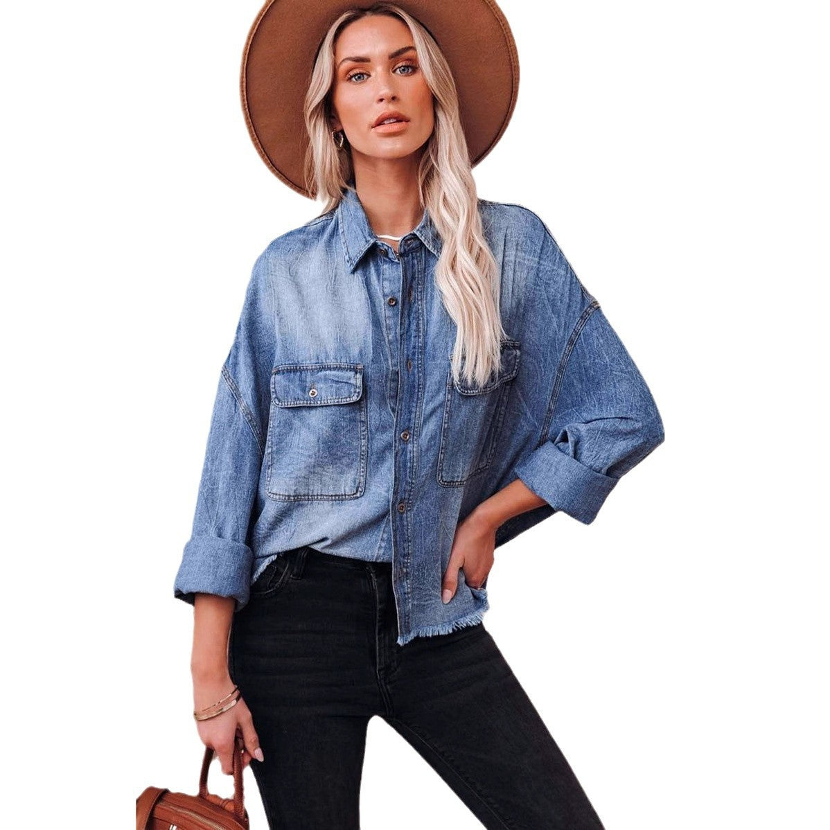 Dame Denim Skjortejakke med afslappet snit og påsyede lommer Stilla