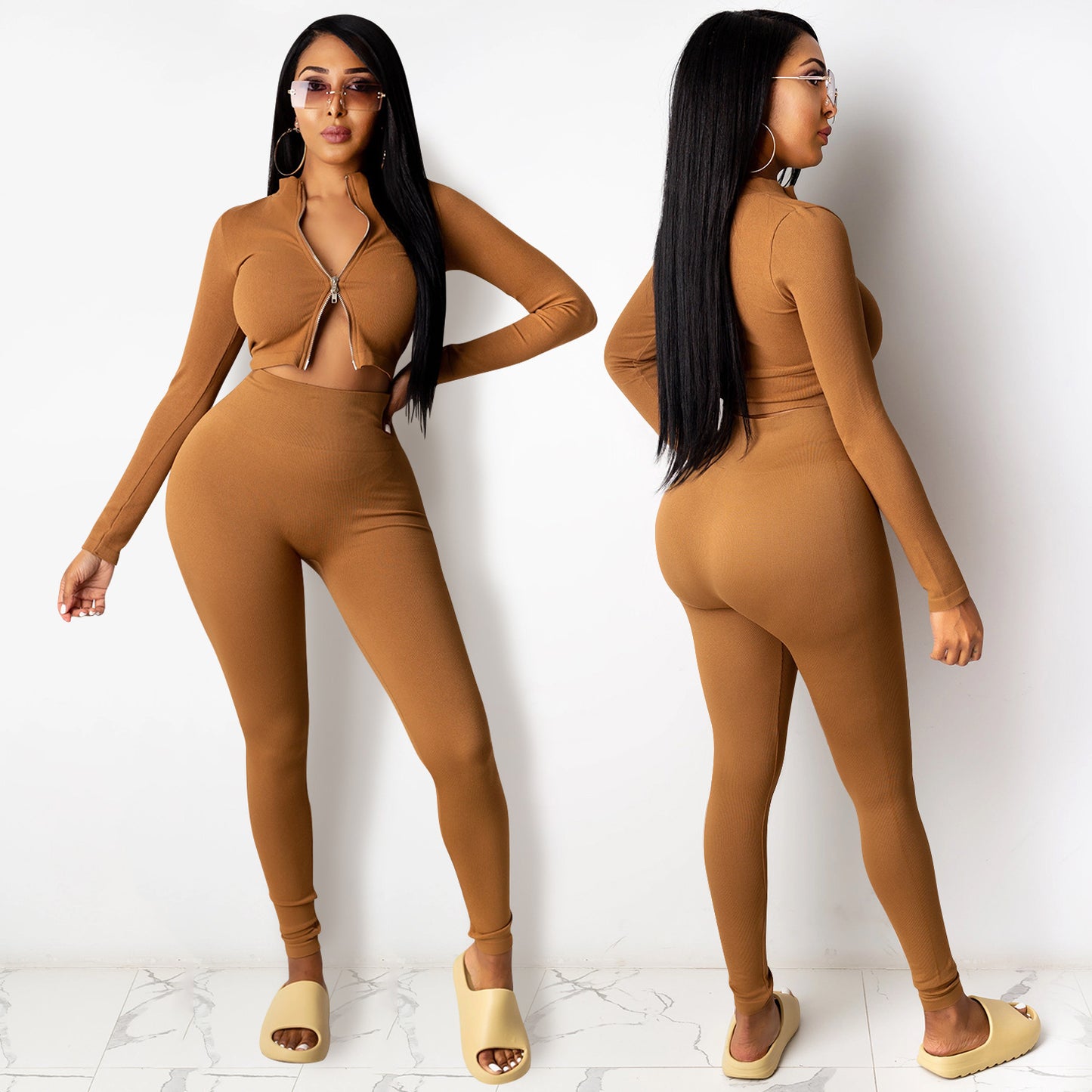 Dame Crop-Top og High-Waist Leggings Sæt med Lynlås Stilla