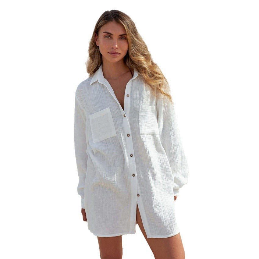 Dame afslappet strandbluse med knaplukning og praktiske lommer Stilla