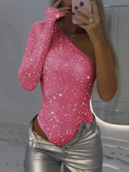 Dame Glitrende Bodysuit med asymmetrisk Udsnit og langærmet Stilla