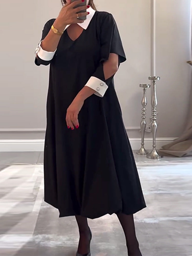 Dame afslappet skjortekjole med moderne V-udskæring og elegante kontrastærmer Stilla