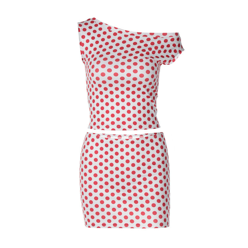 Dame Crop-top og mini skirt sæt med legesygt prikmønster Stilla