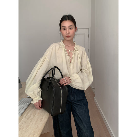 Dame afslappet bluse shirt med detaljeret snøre og puffærmer Stilla