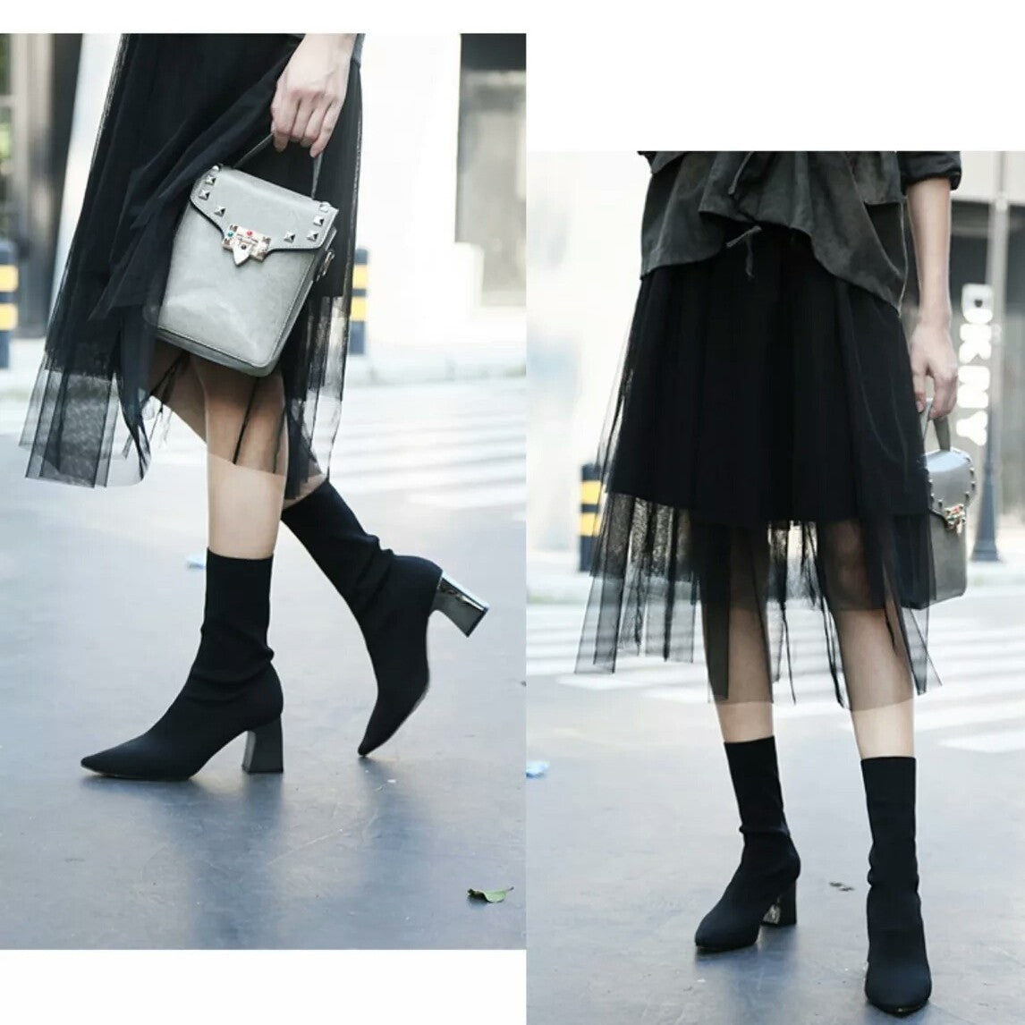 Dame elegant højhælet støvle med smidig strik og blank blokhæl Stilla