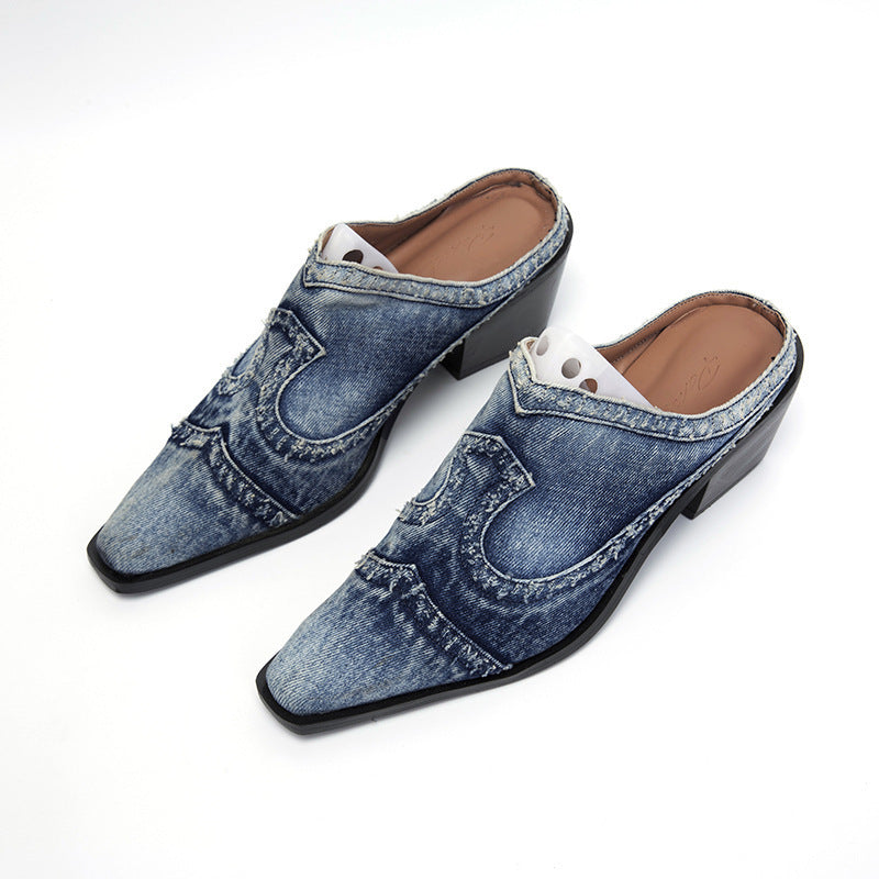Dame Denim Mules med stiliseret snit og komfortabel blokhælhæl Stilla