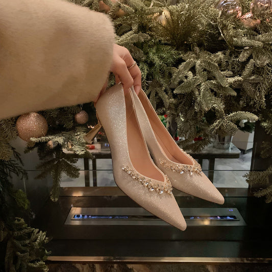 Dame elegant fløjl spidse hæle med rhinsten-accenter Stilla