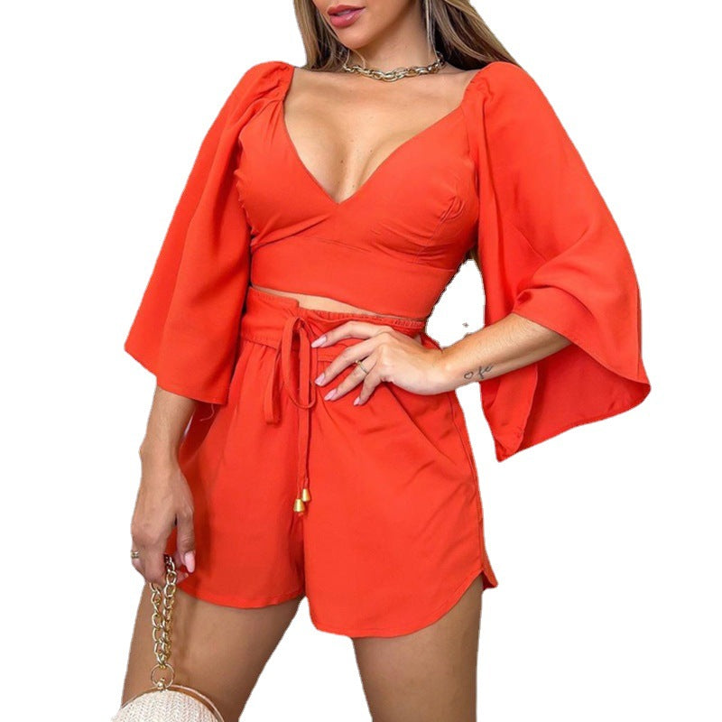 Dame Elegant Glockerærme Crop-Top og Shorts Sæt Stilla