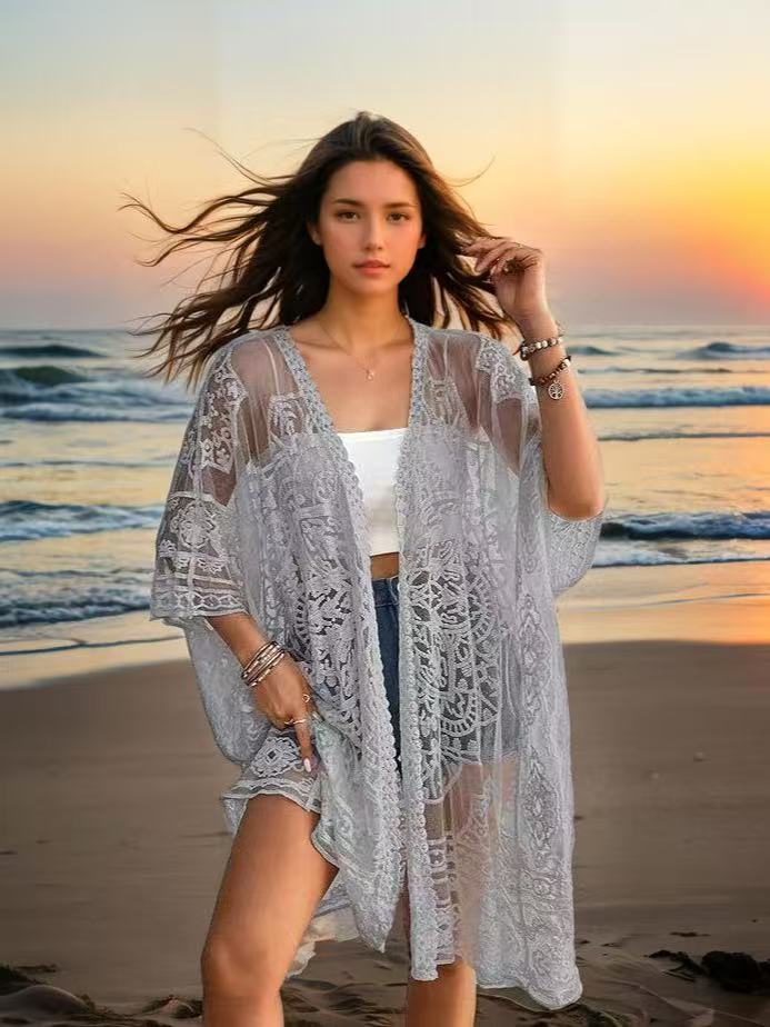 Dame Elegant gennemsigtig Kimono med spidsudsmykning Stilla