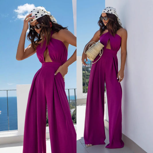 Dame jumpsuit med åben front og bredt ben Stilla