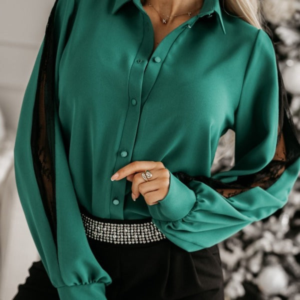 Dame elegant bluse med spids-indlæg Stilla