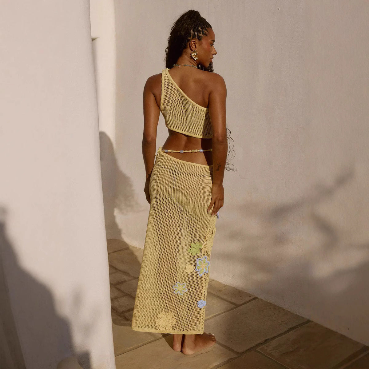 Dame Crop-Top og Maxiskirts sæt med florale hækleapplikationer Stilla