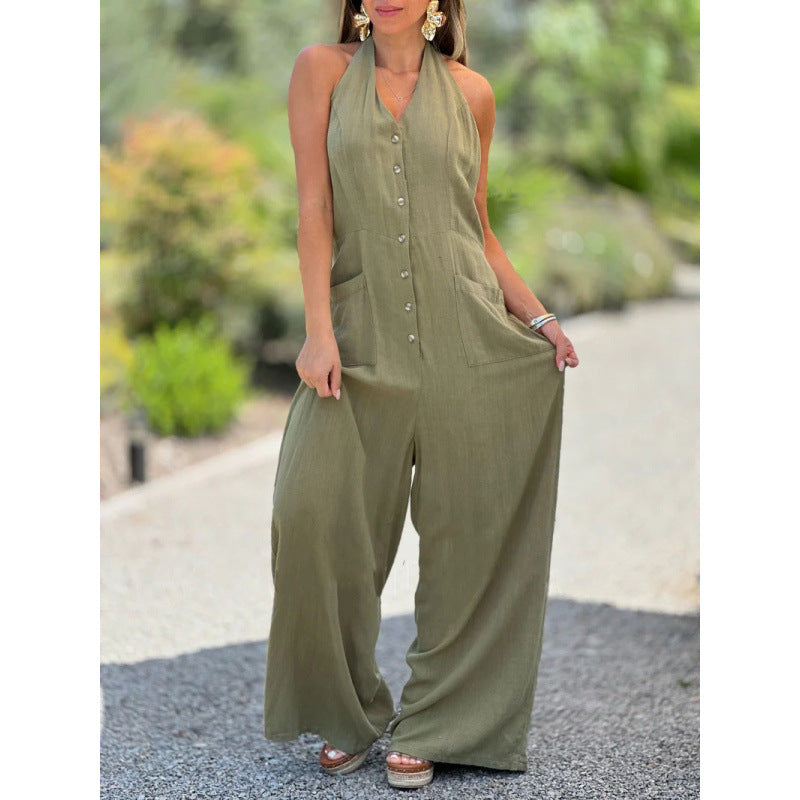 Dame jumpsuit med brede ben og knapdetaljer Stilla